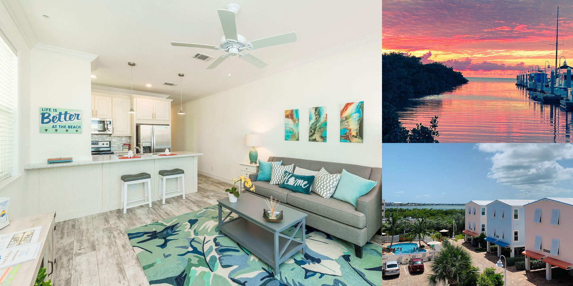 Three image collage. Open concept naturally lit apartment, waterfront sunset sky and aerial view of caribbean color building and pool.